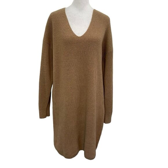 NWT Madewell Wool Blend Relaxed V-Neck Sweater Dress Camel Brown size Medium - Picture 1 of 9